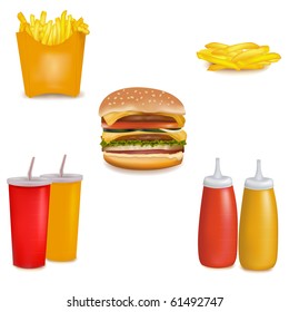 Photo-realistic vector. Group of fastfood products.