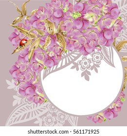  Photorealistic vector hydrangea flowers in the technique of mesh, filling the grid. Card with Hydrangea flower arrangement with golden branches and ladybug and place for text.