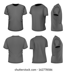 Photo-realistic vector illustration. All six views men's black short sleeve t-shirt design templates (front, back, half-turned and side views). . Illustration contains gradient mesh.