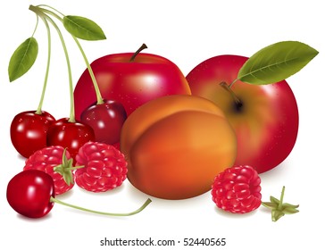 Photo-realistic vector illustration. Apples, a peach, cherries and raspberries.