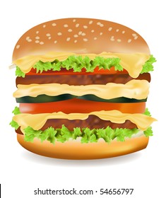 Photo-realistic vector illustration of the big cheeseburger isolated on the white background.