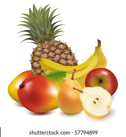 Photo-realistic vector illustration. Big group of exotic fruit.