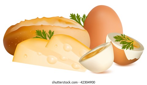 Ilustração vetorial foto-realista. Café da manhã: pão, queijo e ovos.