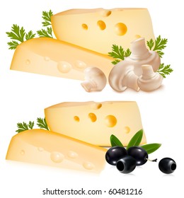 Photo-realistic vector illustration. Cheese with black olives and mushrooms.