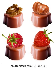 Fotorealistische Vektorgrafik von Schokoladen mit Nüssen und Beeren.