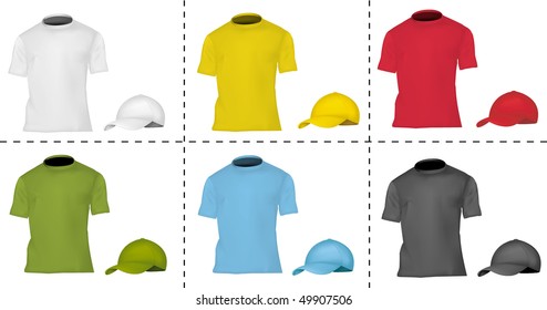 Photo-realistic vector illustration. Collection of cap and T-shirt templates (men). Black, white, blue, red, green and yellow.