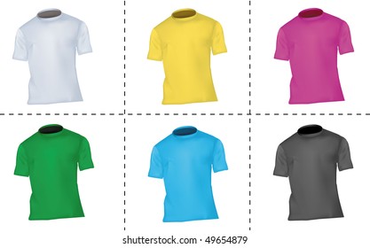 Photo-realistic vector illustration. Collection of T-shirt templates (men). Black, white, blue, pink, green and yellow.