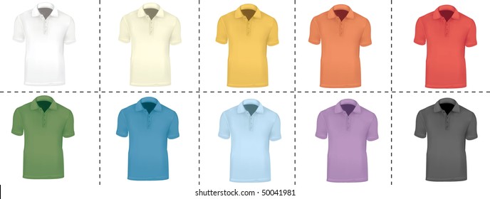 Photo-realistic vector illustration. Colorful collection of ten polo shirts.