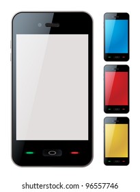 Photo-realistic vector illustration of different colored smart phones with copyspace on the screen - isolated