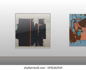 A photorealistic vector illustration of an exhibition in a modern art museum or art gallery