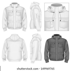 Photo-realistic vector illustration. Men's flight jacket with hood design template (front view, back and side views). Illustration contains gradient mesh.