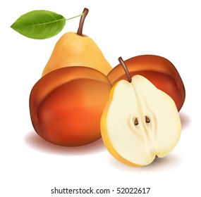Photo-realistic vector illustration. Peaches, a pear and a halved pear.