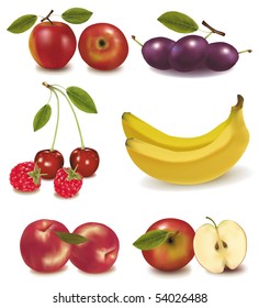 Photo-realistic vector illustration. Peaches, plums, apples, cherries, banana and