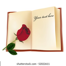 Photo-realistic vector illustration. Red beautiful rose on the book.