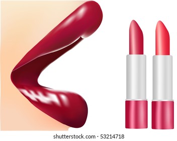 Photo-realistic vector illustration. Red lips and lipsticks.