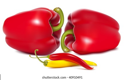 Photo-realistic vector illustration of red sweet peppers with drops of water.
