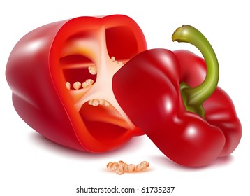 Photo-realistic vector illustration of red sweet pepper with drops of water.