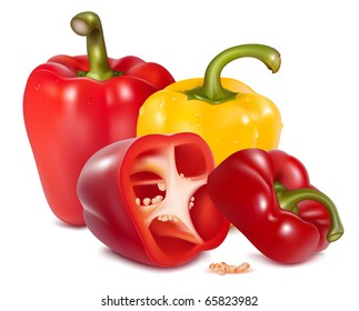 Photo-realistic vector illustration of red sweet pepper with drops of water.