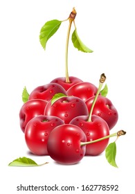 Photo-realistic vector illustration of ripe red cherries with leaves and water drops.