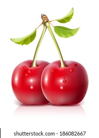 Photo-realistic vector illustration of ripe red cherry with leaves and water drops. EPS 10