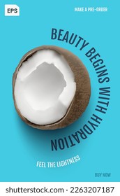 Photorealistic vector illustration of a split half of a coconut with a peel on a blue background. Template design concept layout cover graphic design eps
