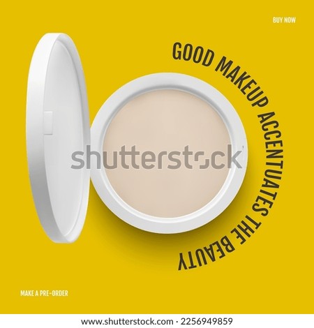 Photorealistic vector illustration template design. Compact cosmetic powder in a neutral-tone plastic package, template design eps