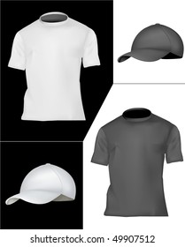 Photo-realistic vector illustration. T-shirt and cap design template (men). Black and white.