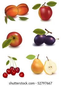 Photo-realistic vector illustration. Two apples, two peaches, two pears, two plums and cherries.