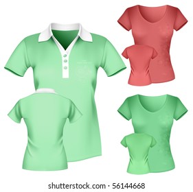 Photo-realistic vector illustration. Women's polo shirt and t-shirt design template.