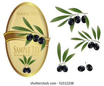 Photo-realistic vector illustration. Yellow label with black olives and a ribbon.