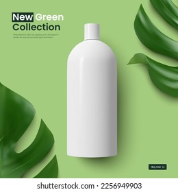 Photorealistic vector image cosmetic white plastic bottle and monstera leaves on a green background, template design packaging cover eps