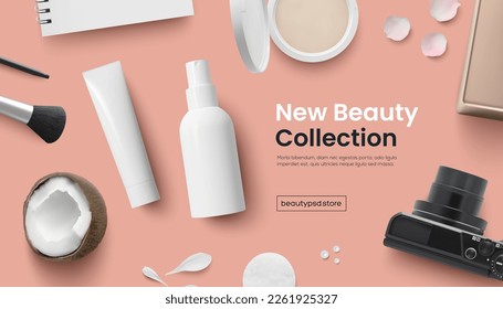 Photorealistic vector image creative women's table for makeup care and beauty. Cosmetic template banner cover on peach background design concept eps