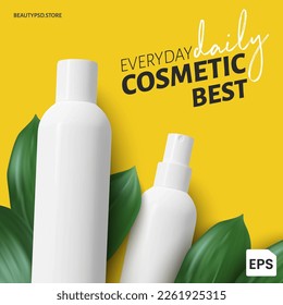 Photorealistic vector image of white cosmetic bottles on a yellow background of green plants. Graphic concept design template for makeup beauty and care eps