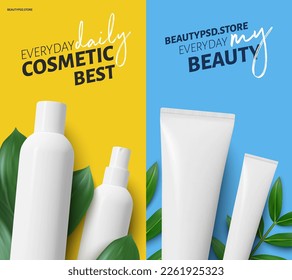 Photorealistic vector image of white cosmetic bottles on a background of green plants. Graphic concept design template for makeup beauty and care eps