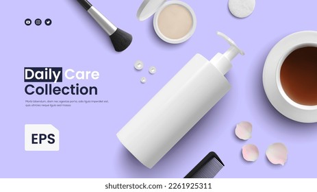 Imagen vectorial fotorrealista de una mesa de mujeres para maquillaje y cuidado de la belleza. Cubierta de banner de plantilla cosmética sobre el concepto de diseño de los pasos de fondo lilac