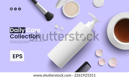 Photorealistic vector image of a women's table for makeup and beauty care. Cosmetic template banner cover on lilac background eps design concept