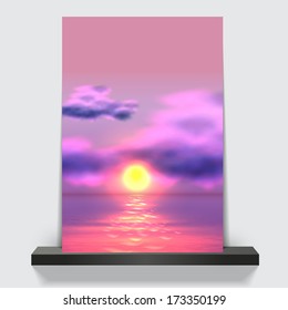 Photo-realistic Vector Natural background on flyer or brochure with sunset at sea. Eps 10 