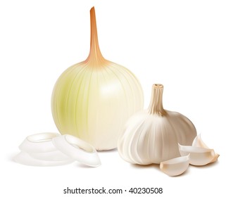 Photorealistic vector. Onion and garlic.