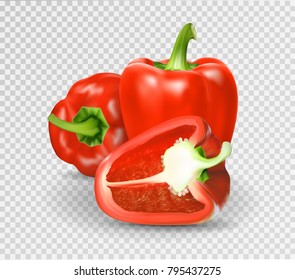 Photo-realistic vector. Red paprika. Whole Bulgarian pepper and half. 3d