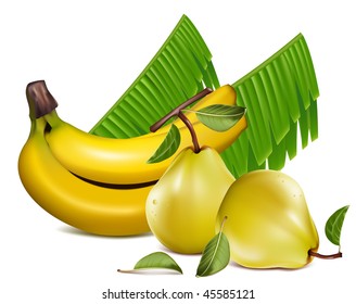 Photo-realistic vector. Ripe banana with leaves and pears.