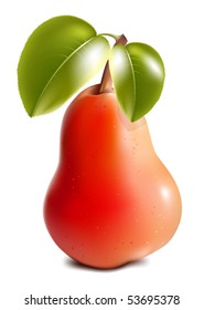 Photo-realistic vector. Ripe pear with green leaves..