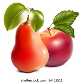 Photo-realistic vector. Ripe red apple and pear.