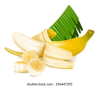 Photo-realistic vector. Ripe yellow bananas with slices and leaves.