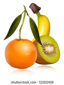 Photo-realistic vector of tropical fruits. Fresh tangerine fruits with green leaves, banana and ripe kiwi.