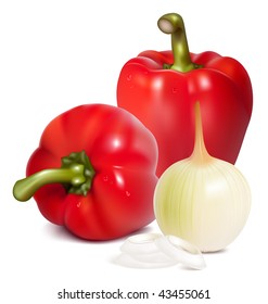 Photo-realistic vector of vegetables: onions and red pepper.