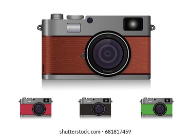 Photo-realistic vintage mirror-less camera wooden texture with multiple colors