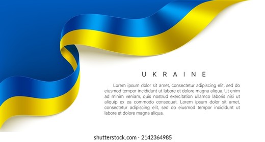 Photorealistic waving ribbon in the colors of the flag of Ukraine on a light background. Vector template design for postcard, banner, poster