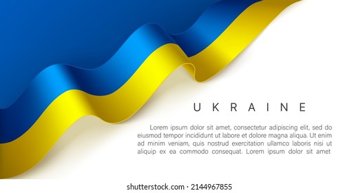 Photorealistic waving ribbon in the colors of the flag of Ukraine on a light background. Vector template design for postcard, banner, poster