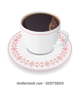 photorealistic white ceramic cup with coffee on saucer,3D ceramic cup with coffee on white background,realistic vector.