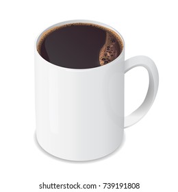 photorealistic white ceramic cup with coffee,3D ceramic cup with coffee on white background,realistic vector.
